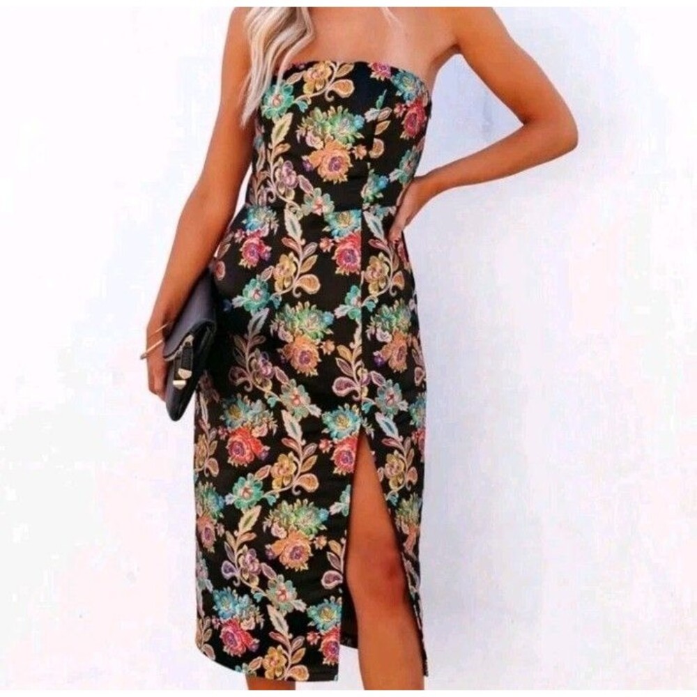 VICI Olia Ganni Jacquard Strapless Midi Dress Medium Womens Black Floral Formal